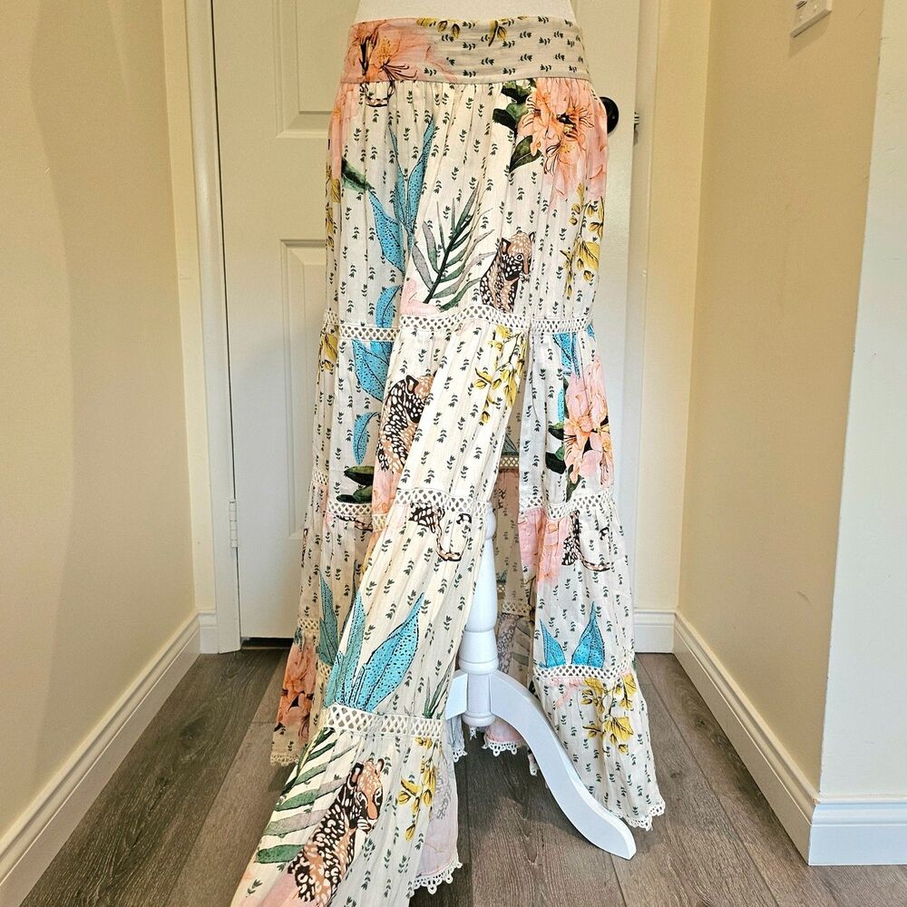 Z&L Made with Love Leopard Floral Maxi Skirt Size L Embroidered High Side Slit